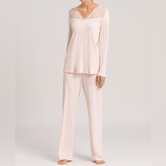 Hanro Other - Hanro Moments Knit Long Sleeve Pajama FULL SET Small Blush Pink Lace Loungewear